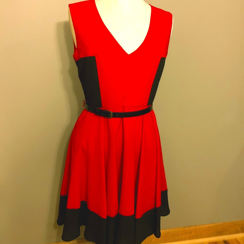 Red & Black Color Block Dress with Removable Belt